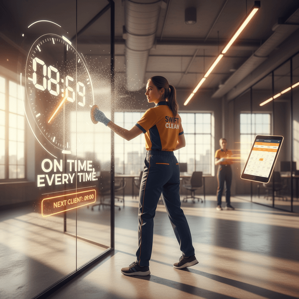 A dynamic, time-conscious aesthetic medium shot of a professional cleaner efficiently executing a service with visible momentum and speed.