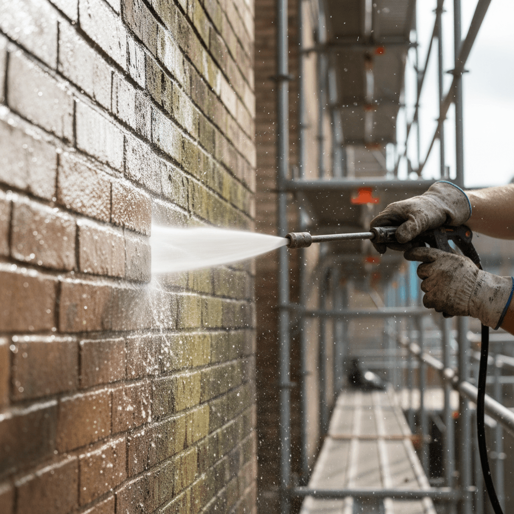 Professional cleaning technician disinfecting a commercial building exterior