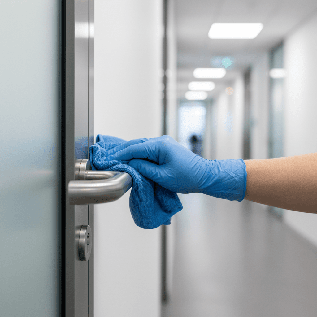 Professional cleaner maintaining a commercial building's handrail with precision and care